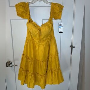 City Studio Mustard Swiss Dot Tiered Ruffle Milkmaid Mini Dress • NWT • Sz 9
